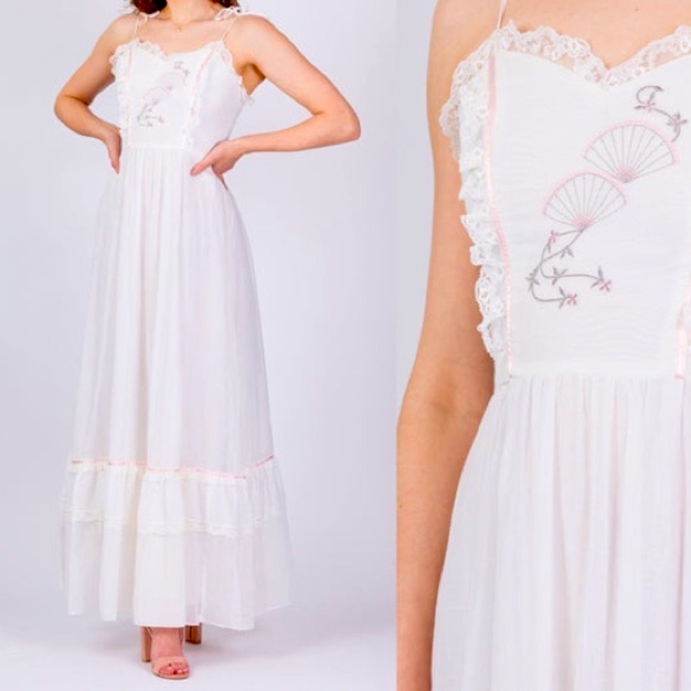 70s Vintage Maxi Slip Dress Embroidered Lace Ruffle Trim Cottage Prairie Size 7 - Picture 10 of 11